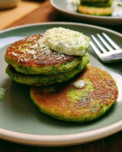 Galettes de brocoli croustillantes servies avec une sauce délicieuse.