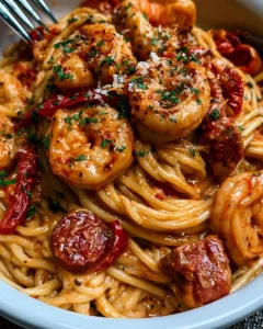 Spaghetti crémeux au poivron, chorizo et crevettes dans une assiette